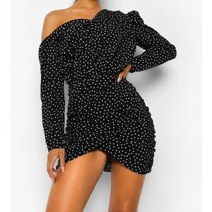 Boho ruched off the shoulder dress.